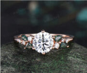 1CT Round Cut Moissanite & Moss Agate Engagement Ring – A Timeless Love Story in Rose Gold