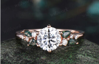 1CT Round Cut Moissanite & Moss Agate Engagement Ring – A Timeless Love Story in Rose Gold